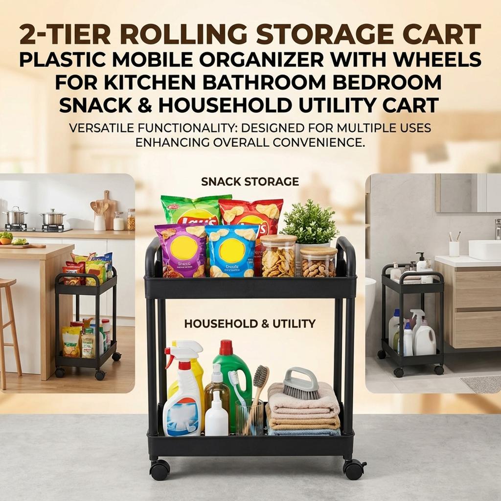 2-Tier Rolling Storage Cart Plastic Mobile Organizer with Wheels for Kitchen Bathroom Bedroom Snack & Household Utility Cart