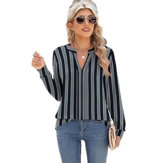 

Женский топ в полоску с V-образным вырезом, большого размера, свободный, с длинным рукавом, стройнящий, Осень/Зима 2026 M серый/чёрный