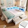 Daybed 140x200 cm Bianco Letto Singolo/Doppio per Ospiti, Base in Legno, Illuminazione a LED, Ricarica USB e Type-C, Mensole e Cassetti, incl.. Struttura a doghe (Con Materasso)