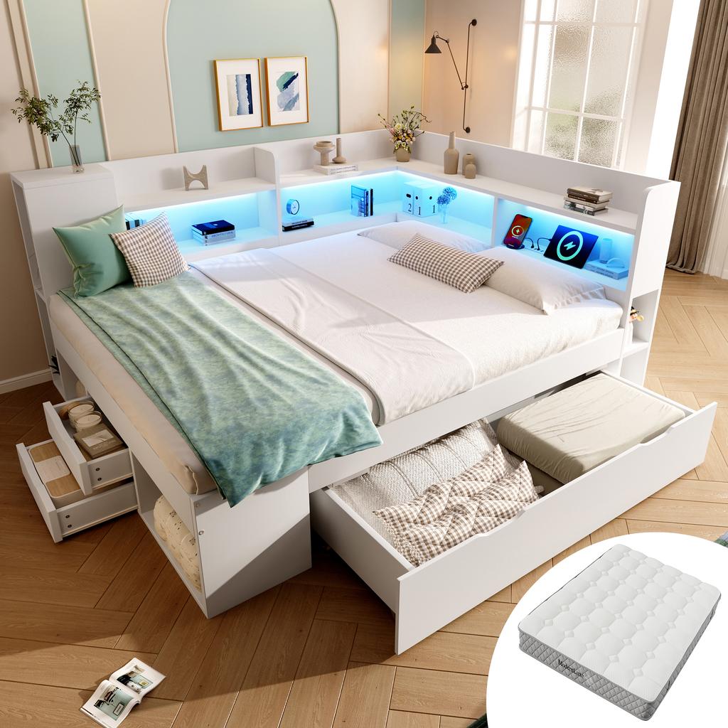 Daybed 140x200 cm Bianco Letto Singolo/Doppio per Ospiti, Base in Legno, Illuminazione a LED, Ricarica USB e Type-C, Mensole e Cassetti, incl.. Struttura a doghe (Con Materasso)