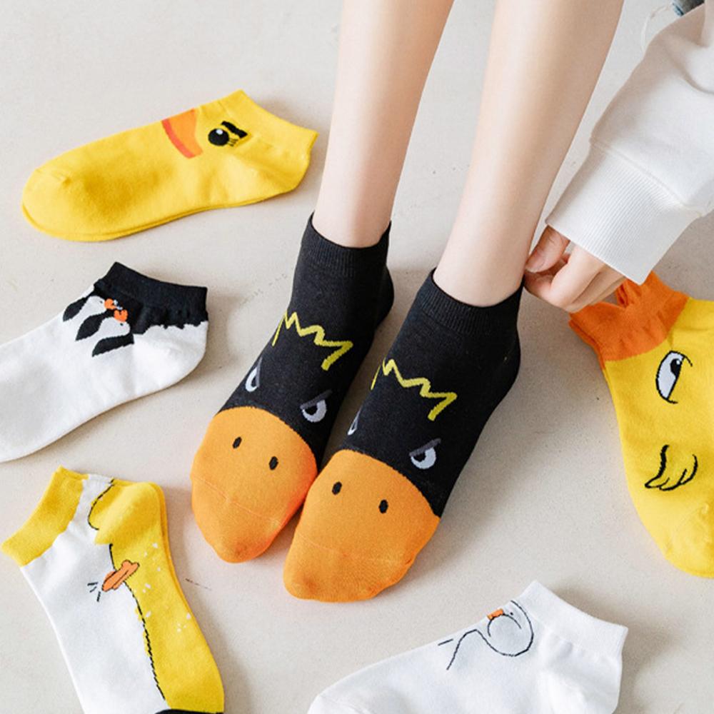 6 Pairs Cartoon Duck Pattern Women Short Socks Fashionable College Style Design Soft Comfortable Breathable Casual Socks