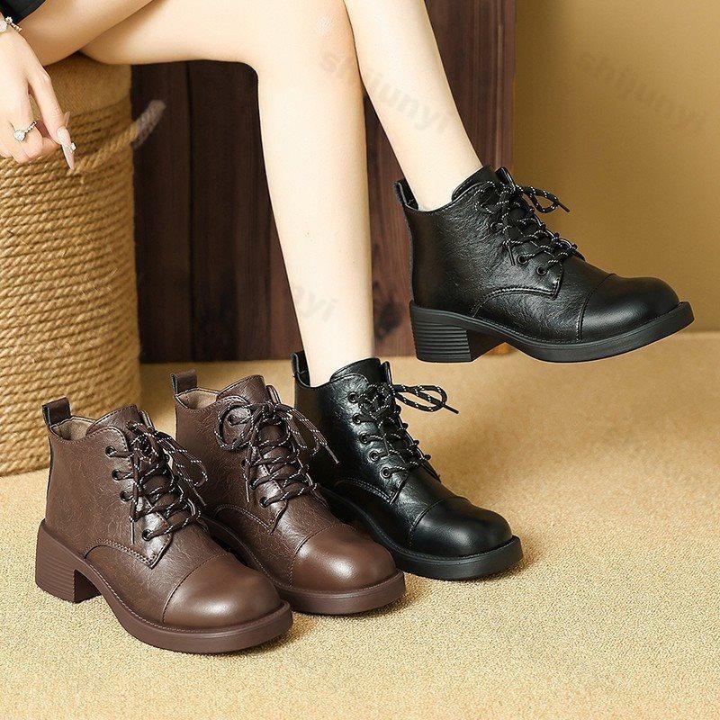 Fashion Women Short Boots 2025 Autumn Winter New Fashion Lace Up Vintage Middle Heel Shoes Outdoor Non Slip Height Increase Ankle Boots