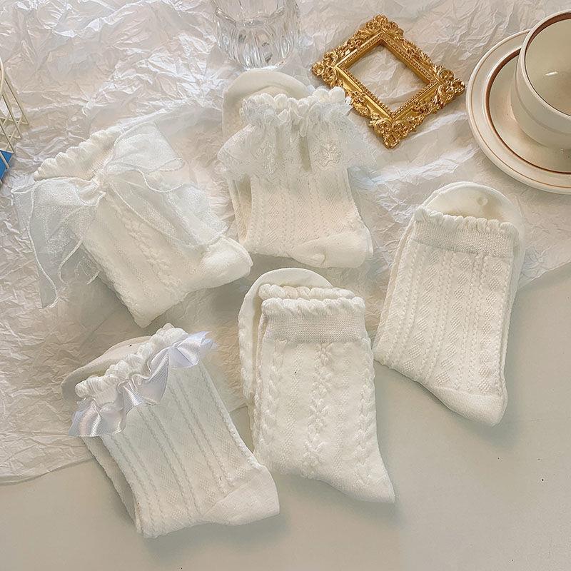 White Bow Lace Mid-Calf Summer Socks - Japanese School Style Sweet JK Princess Design