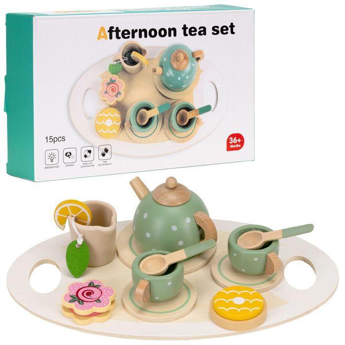 Jeu culinaire en bois - SPRINGOS - Set petit-déjeuner 14 pièces - Plateau, théière, tasses - Pour enfants 3+