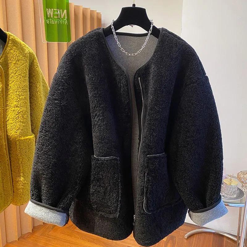 Coats for Women Winter Cotton Jacket Faux Shearling Solid Color Zipper Thickened Velvet Loose Casual Coat Top