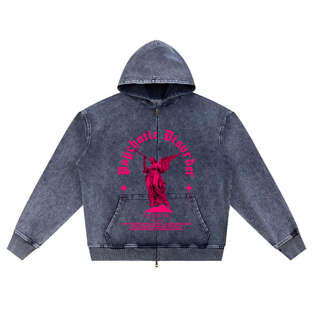 

DTG print Knitted Denim Zip-Up Hoodie streetwear psychotic disorder Brother Print Zipper Hoodies XL