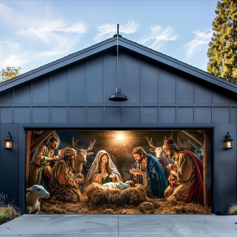 Nativity Christmas scene garage door Banner - Large polyester, outdoor Christmas decoration, suitable for festivals and parties
