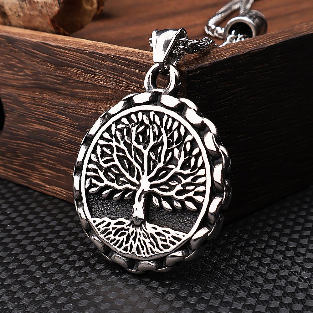 Norse Mythology Yggdrasil Viking Tree of Life Necklace Men Stainless Steel Viking Rune Pendant Necklace Jewelry