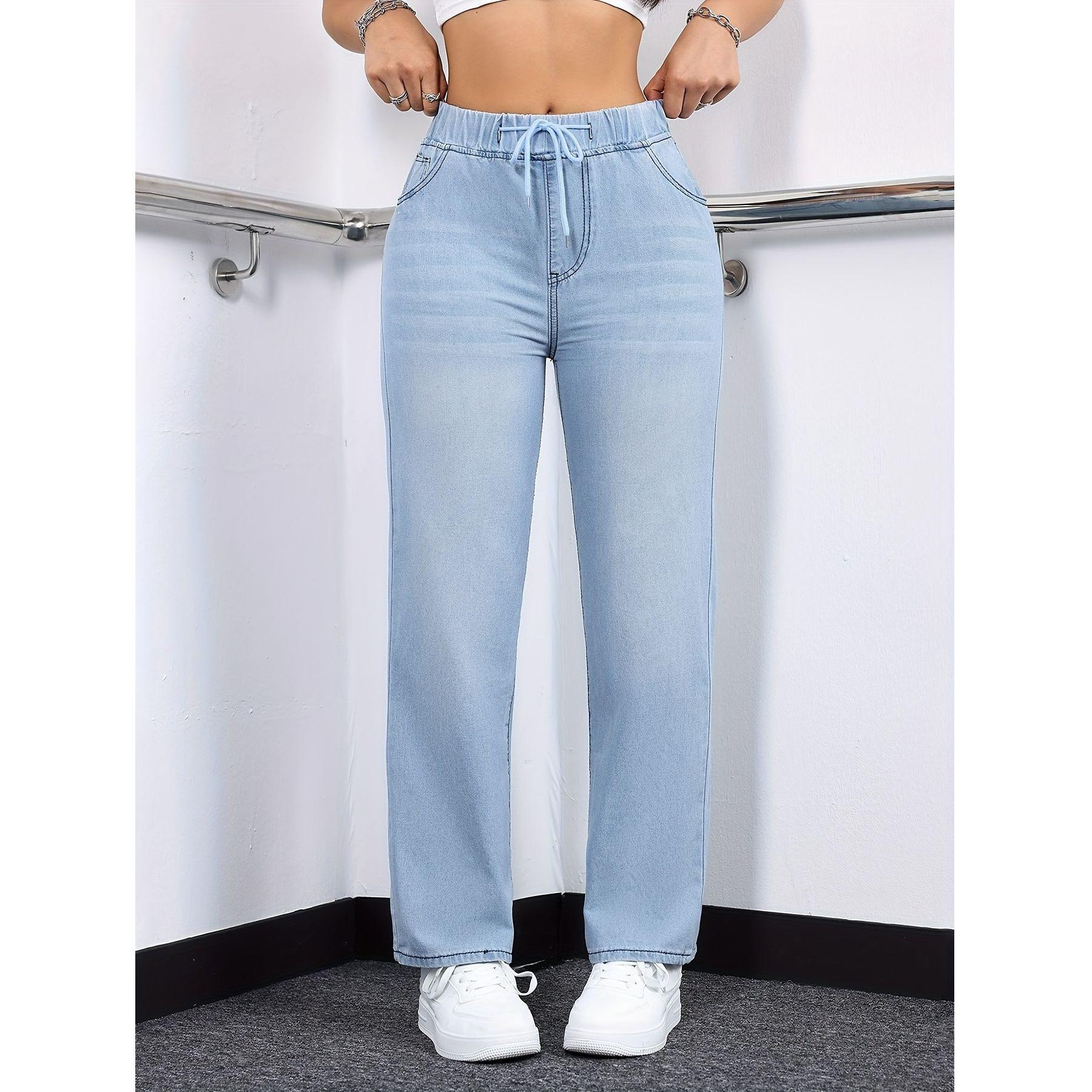 

Plus Size Women s Blue Stretch Jeans with Drawstring Waist XXXXL небо синє кольору