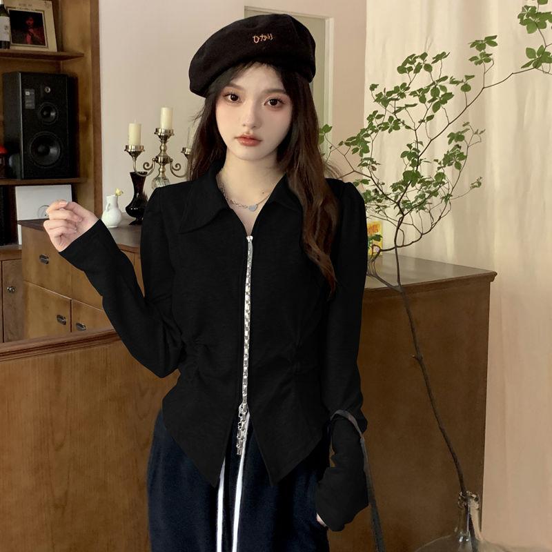 POLO Neck Pleated Slim Top Women's French Solid Casual Irregular Tops Vintage Harajuku Korean Y2k Top Spring and Summer