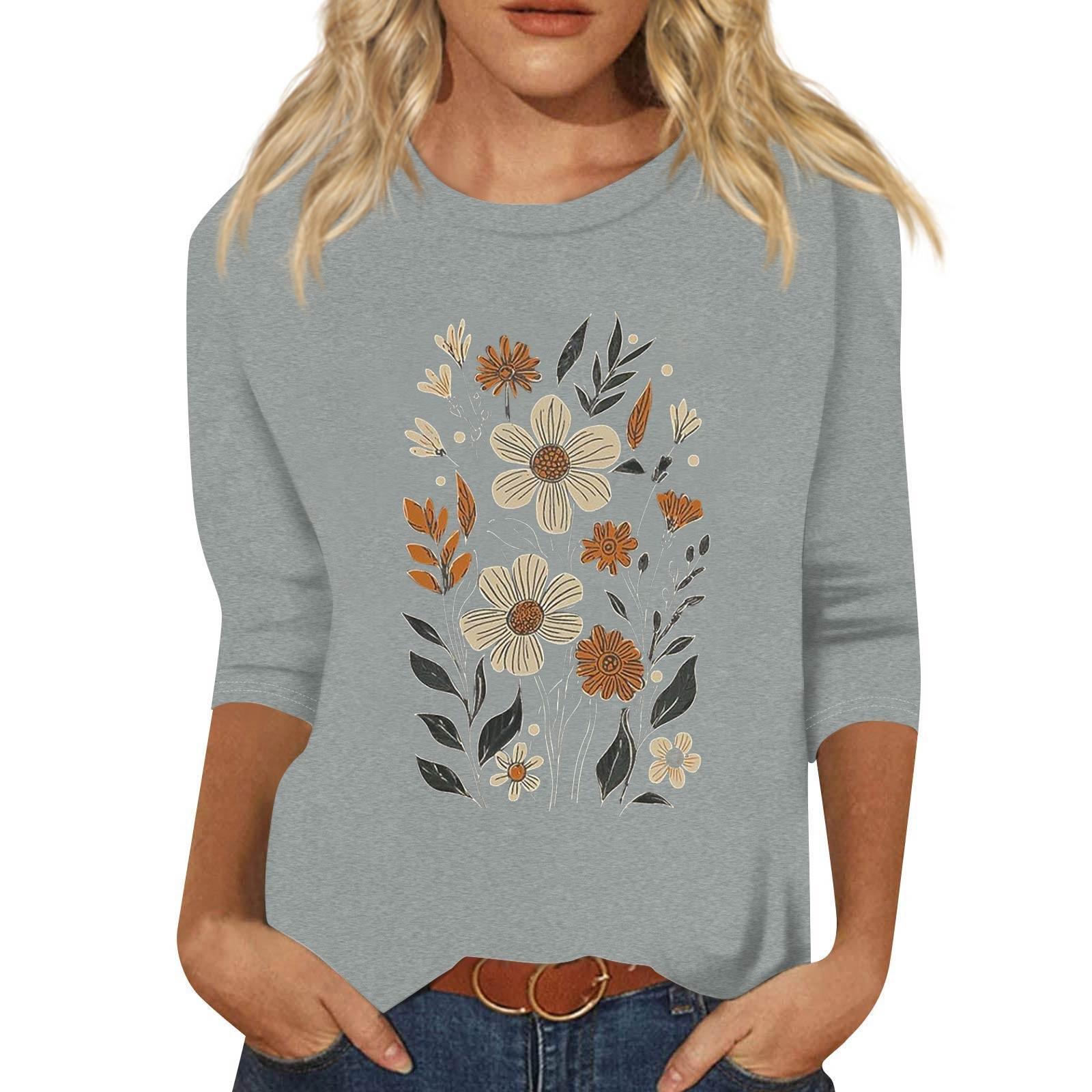 

Women s Fashion Loose Casual Seven 3/4 Sleeve Printed Round Neck Pullover Top M