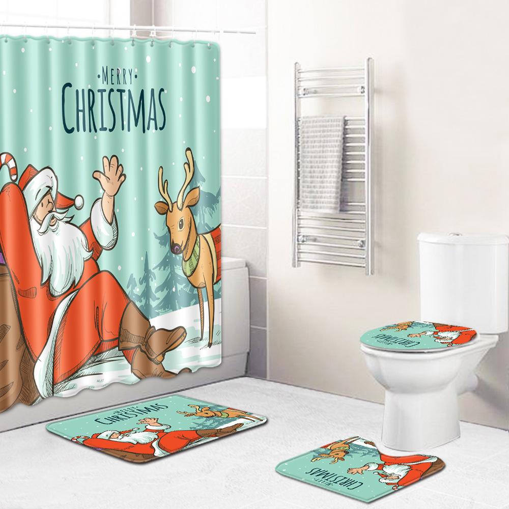 3D Digital Printing Christmas Waterproof Shower Curtain Four-Piece Bathroom Non-Slip Door Mat Bedroom Living Room Floor Mat Carpet