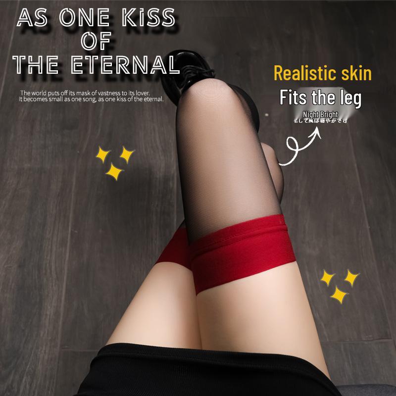 Red Edge Anti-Snag Black Stockings for Women - Durable Silicone Anti-Slip Thigh-High Over-Knee Fashion Socks