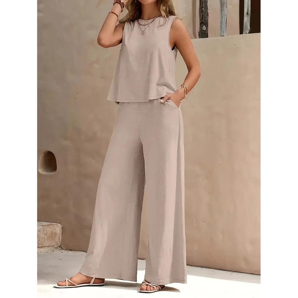 Solid Color Casual Loose Pants Sets For Women Elegant Summer Women's Two Pieces Suit Full Trouser Set Female Outfit Clothes