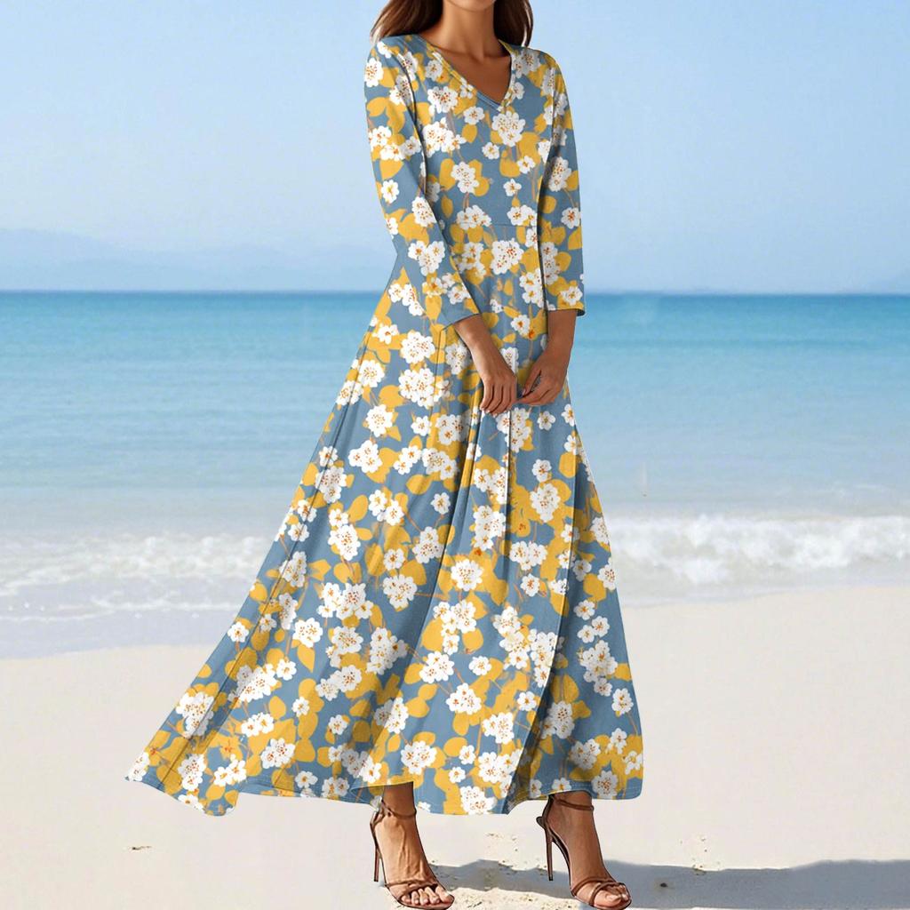 Abiti da Spiaggia da Donna alla Moda con Scollo a V e Maniche Sette Punti Stampati Floreali