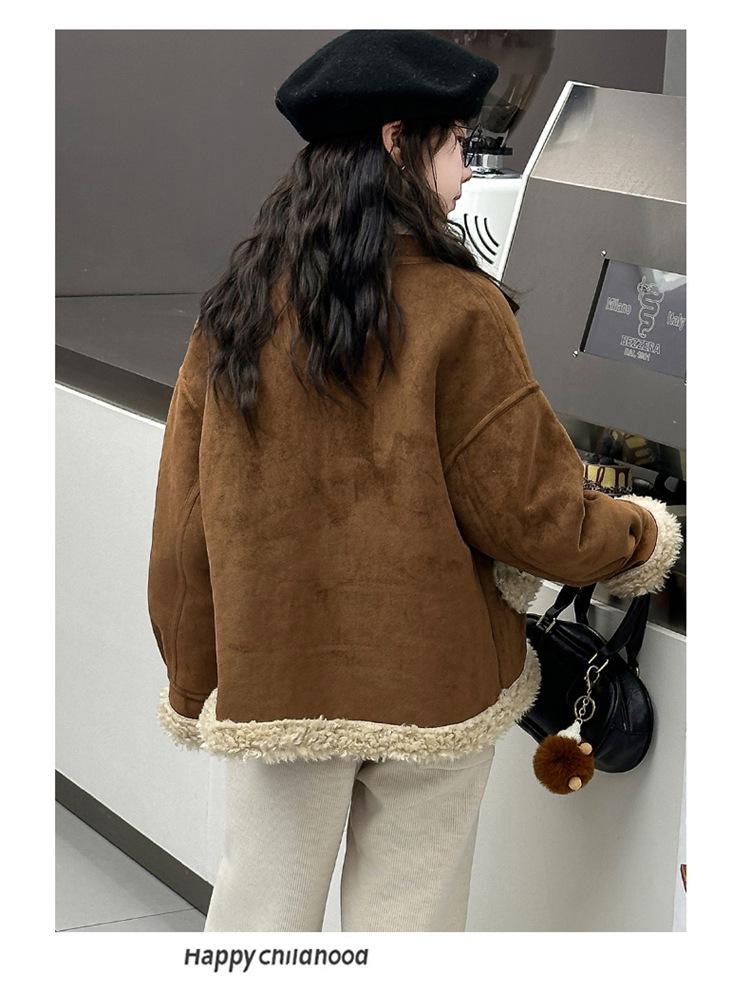 Girls' Fashionable Faux Fur and Leather One-Piece Winter Coat with Cotton-Padded Jacket for Autumn 2025