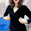 Women's Autumn/Winter Elegant Commuting Solid Color Gold Velvet Temperament Top Leisure Chest Button Slim Fit Warm Top