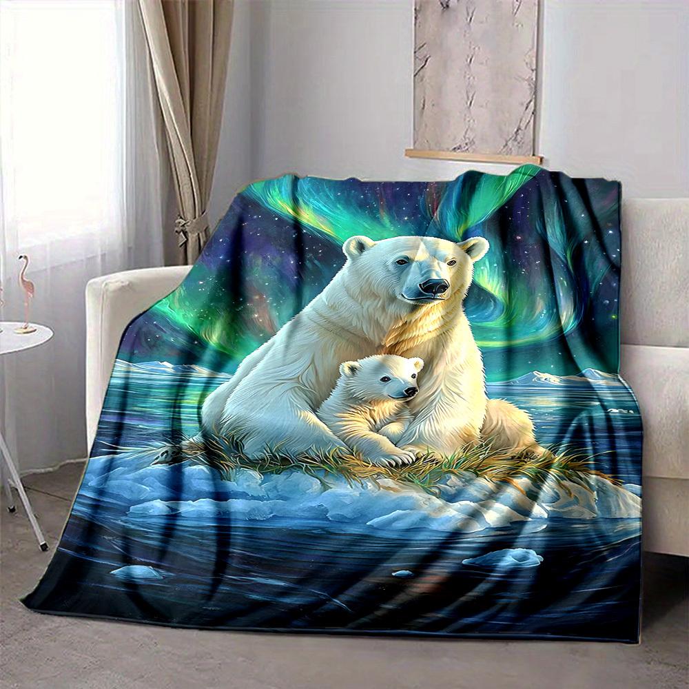 1pc Polar Bears Aurora Blanket, Lightweight Flannel Throw Blanket For Sofa, Bed, Travel, Camping, Living Room, Office, Couch, Chair, And Bed