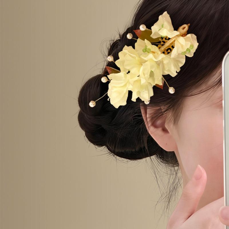 Peach Yaoyao~ Fabric flower pearl hairpin super fairy beautiful atmosphere duck bill clip light luxury temperament hair accessories woman