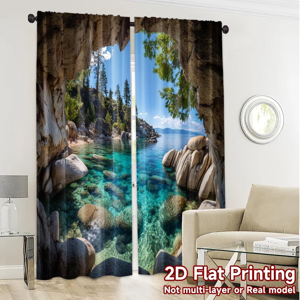 2pcs   2D FLAT PRINTING Curtains (Without Rod) Azure Cove Popular Light Filtering Curtains Prints Light Filtering Curtains