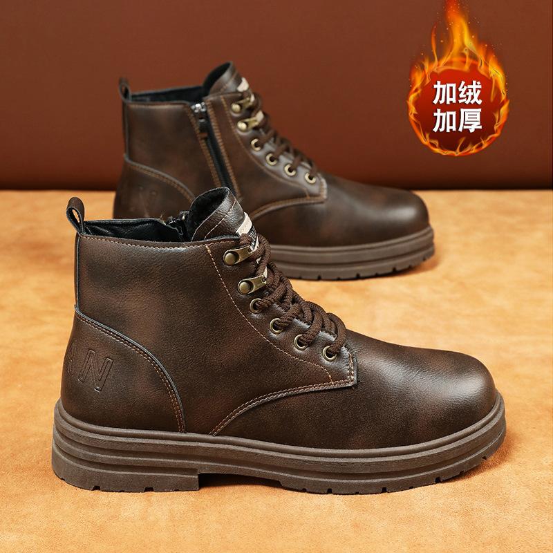 Martin Boots Men's Winter New Warm Men's Shoes British Style Retro Leather Boots Men's Velvet Warm High-top Cotton Shoes