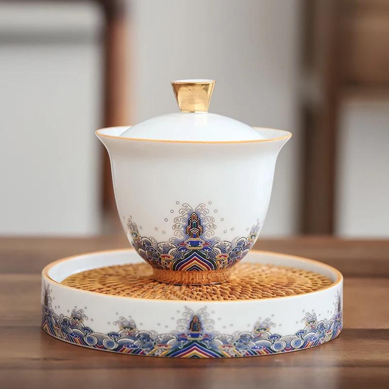 Chinese Exquisite White Porcelain Gaiwan Pot Bearing Handmade Ceramic Tea Tureen Teacup Household Tea Bowl Portable Teaware