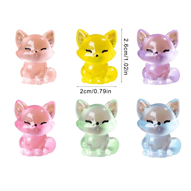 6pcs Cute Little Foxes Sculptures with Glowing in Dark Effect Luminously Animal Figurines for Home Car Interior Decors