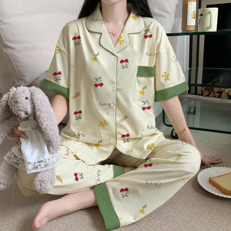 Imitation cotton pajamas women's summer new fashion casual cardigan short-sleeved trousers large size autumn loungewear