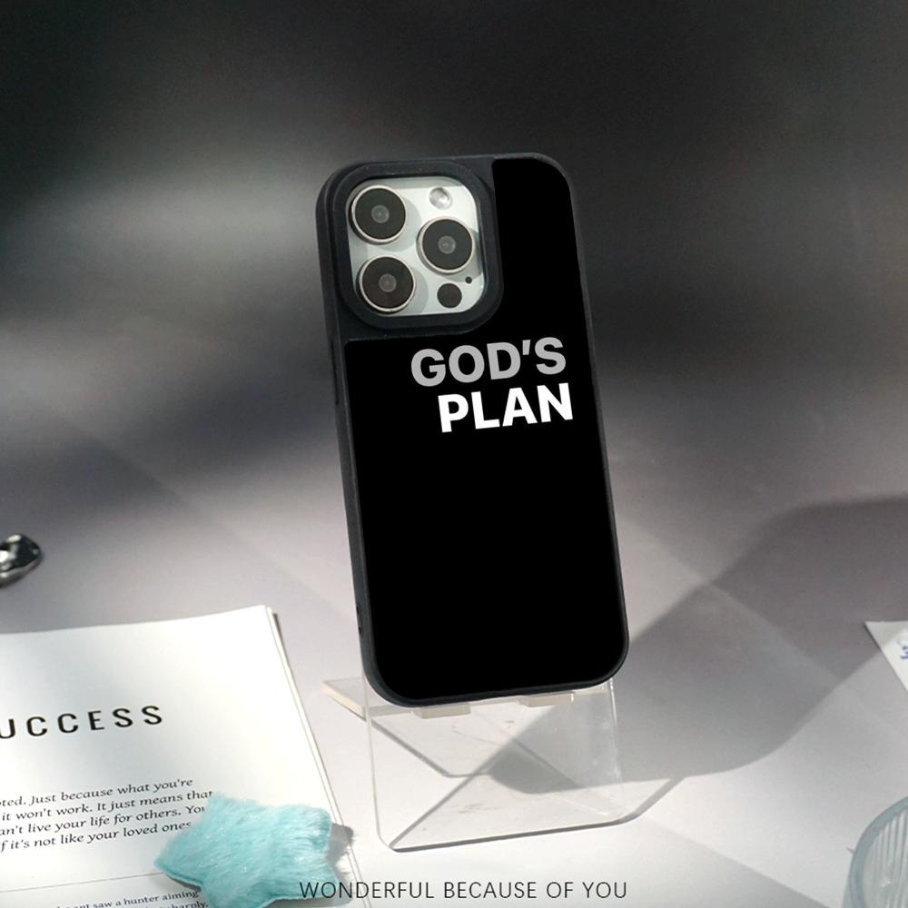 Gods Plan Cool Words Pattern Phone Case for iPhone 17 16 E 15 14 13 12 Pro Max Sheepskin Silver-edged Protective Case
