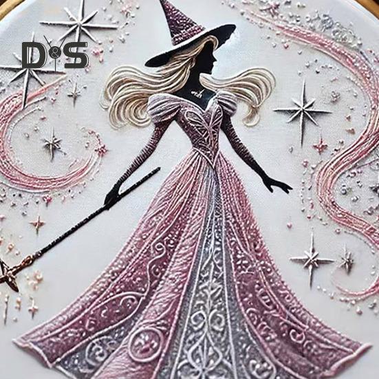 Pink Witch Embroidery Kit Witch Pattern DIY Embroidery Set Hand Embroidery Craft Kit for Beginners Embroidery Lovers
