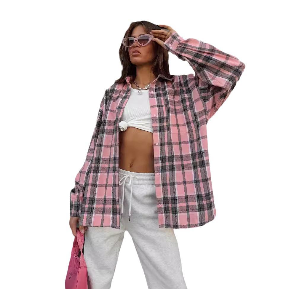 

2024 Розовая клетчатая женская рубашка свободного кроя в клетку для осени/зимы Small розовый