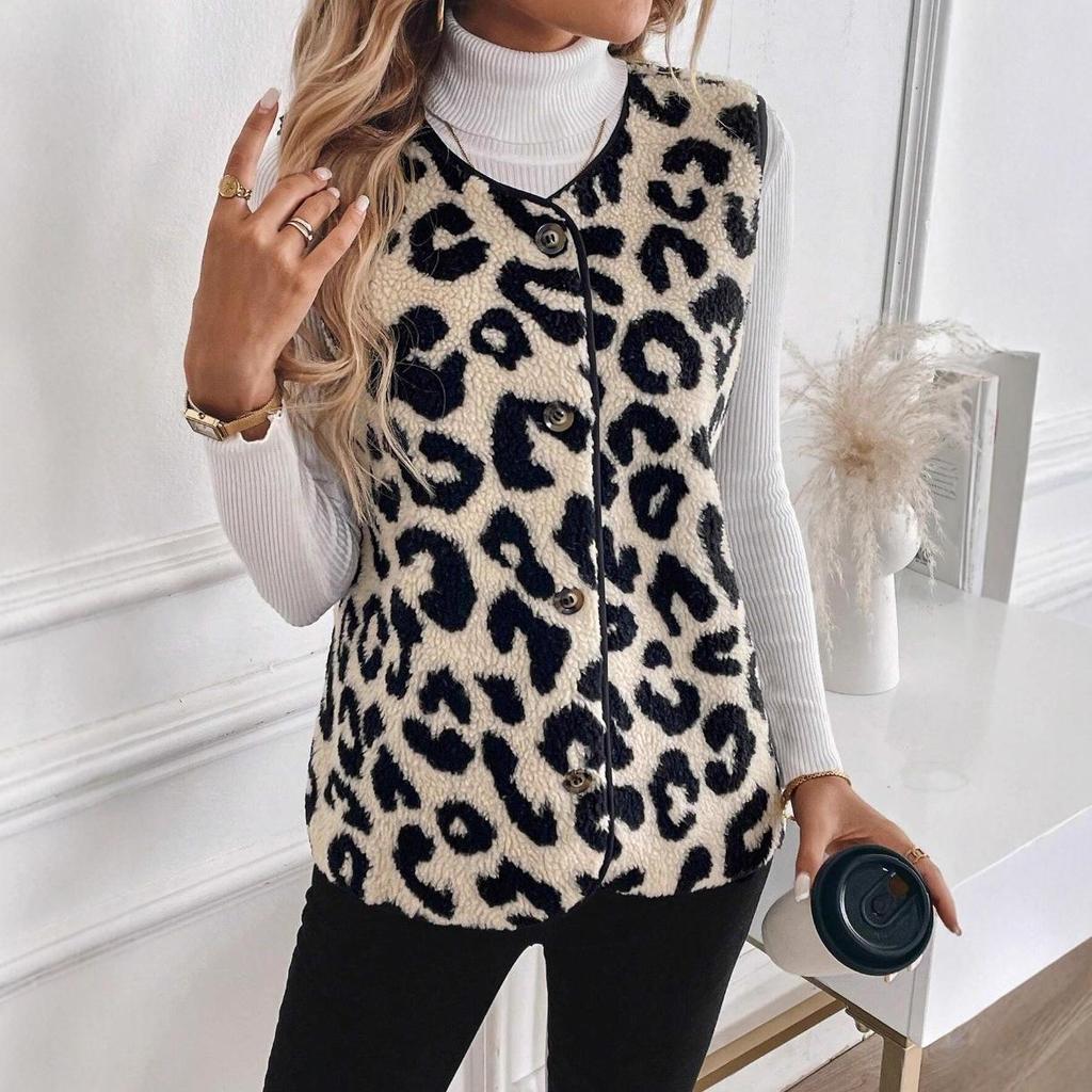 2025 Women's Leopard Print Button-Front Plush Vest - European/American Autumn/Winter Fashion