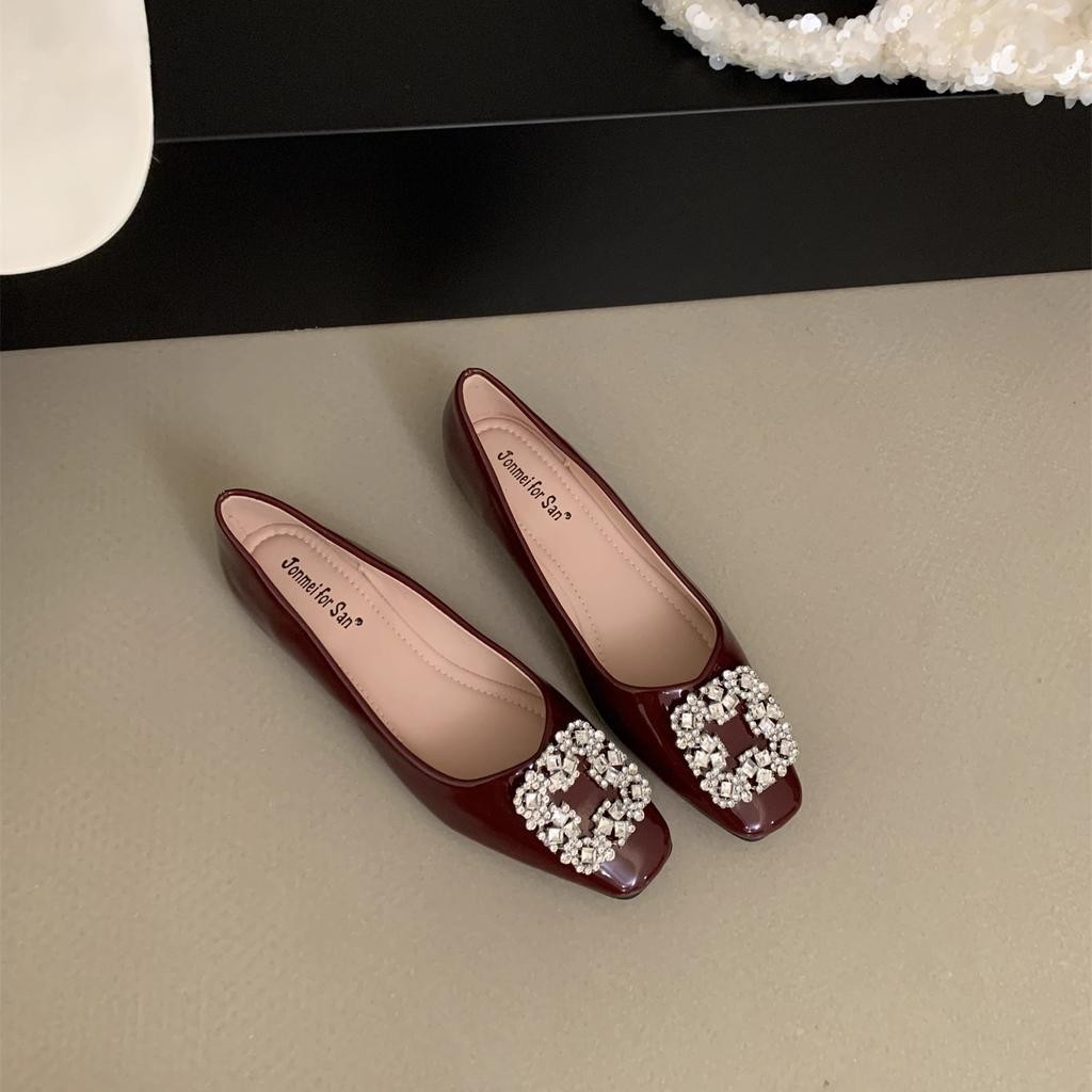 French Square Head Rhinestone Shallow Mouth Single Shoes Women's 2025 New Spring and Autumn Beanie Shoes Flat Laden Shoes Mary Jane Evening Shoes