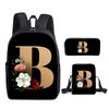 Fashion Novelty Flower letters A-Z 3D Print 3pcs/Set pupil School Bags Laptop Daypack Backpack Inclined shoulder bag Pencil Case