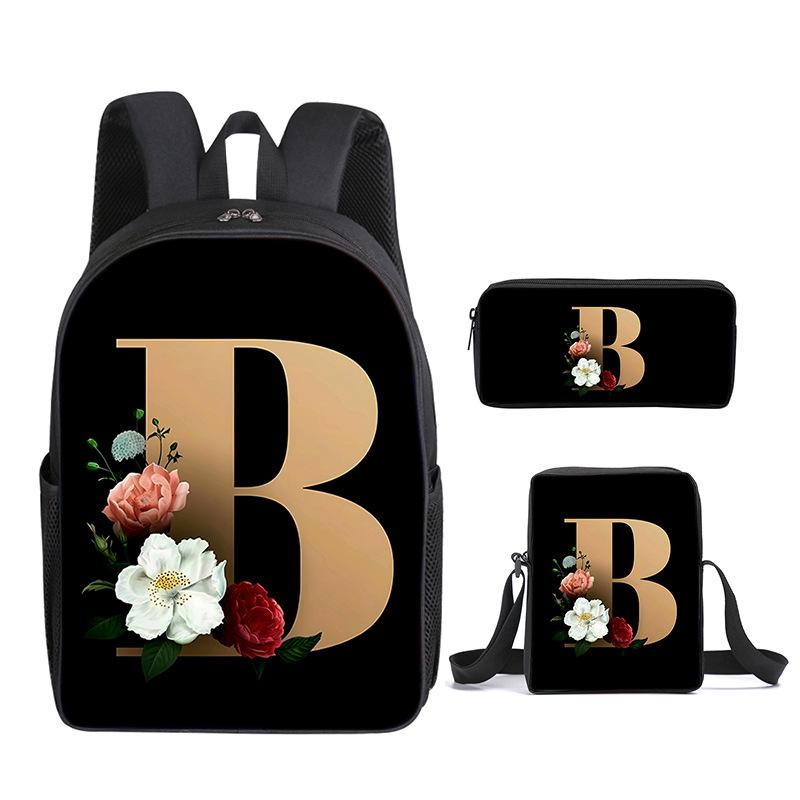 Fashion Novelty Flower letters A-Z 3D Print 3pcs/Set pupil School Bags Laptop Daypack Backpack Inclined shoulder bag Pencil Case