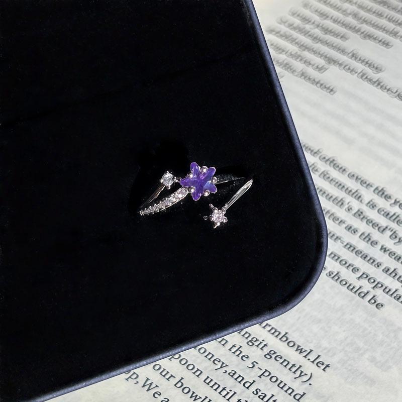 Star Heart Purple Diamond Open Ring - Cold Aesthetic Korean Style for Women, Gentle Skin-Brightening, Simple Stacking, Best Friend Jewelry