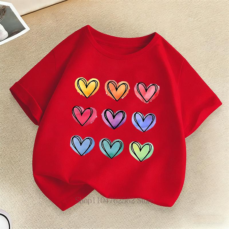 Heart Graphic Print Children Tshirts Summer Casual Fashion Kawaii Girls Colorful Tops Kids ONeck Short Sleeve Tshirts