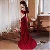 Light luxury burgundy toasting clothes 1011 new one-word shoulder fishtail skirt style atmosphere bride wedding evening dress women