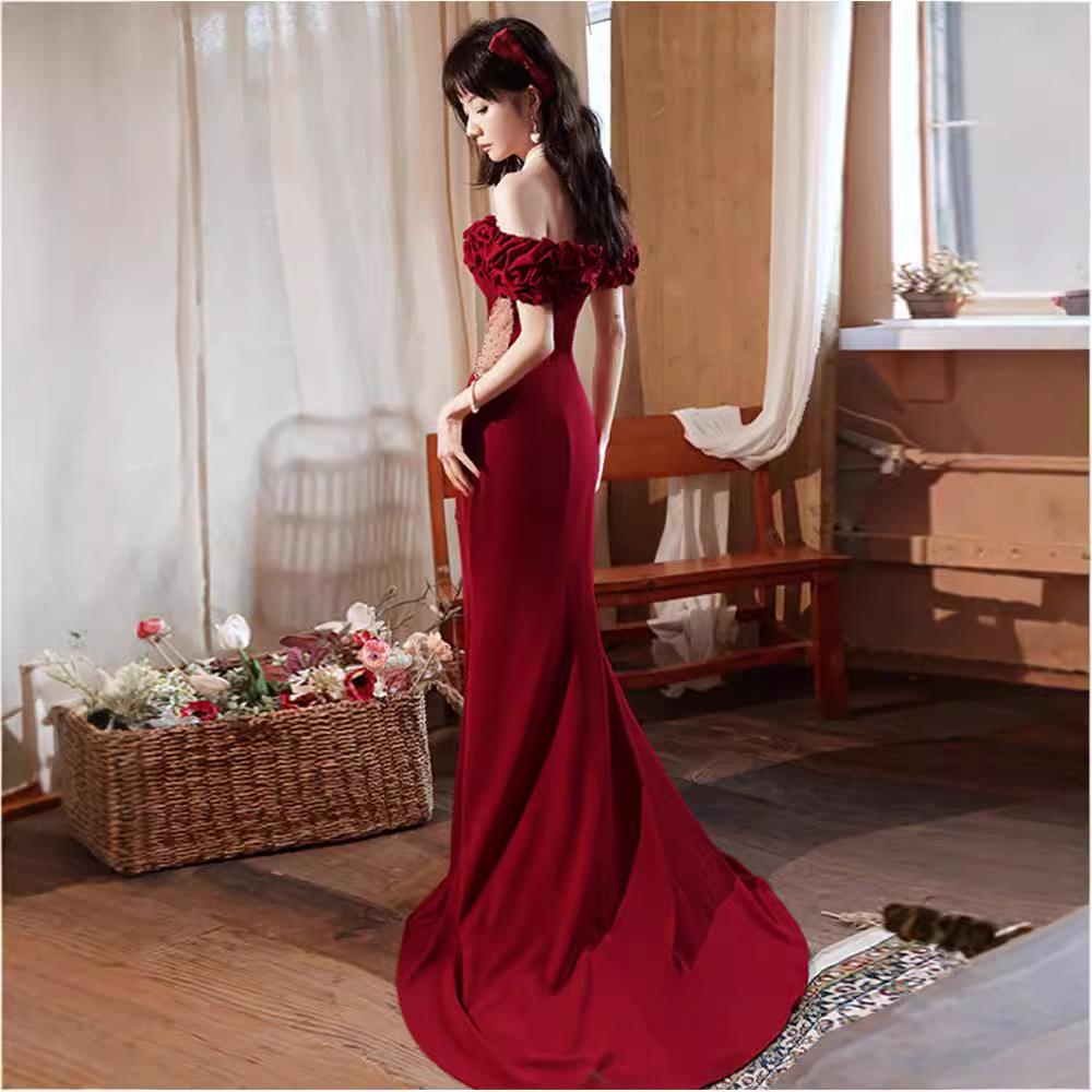 Light luxury burgundy toasting clothes 1011 new one-word shoulder fishtail skirt style atmosphere bride wedding evening dress women