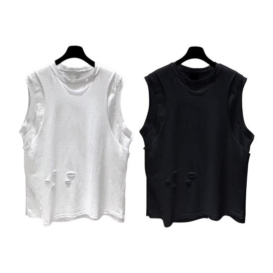 Men Summer Casual Vest O-neck Sleeveless Loose Fit Tank Tops Solid Color Ripped Holes Street Style Vest Bottoming T-shirt