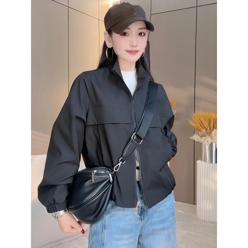 Women Solid Color Short Windbreaker Jacket Long Sleeve Turn Down Collar Zip Up Casual