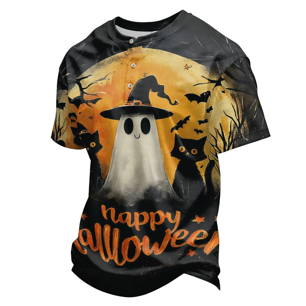 Mens Halloween Print Crew Neck Short Sleeve T Shirt Soft Fabric Casual Fit Pumpkin Pattern Comfortable Top