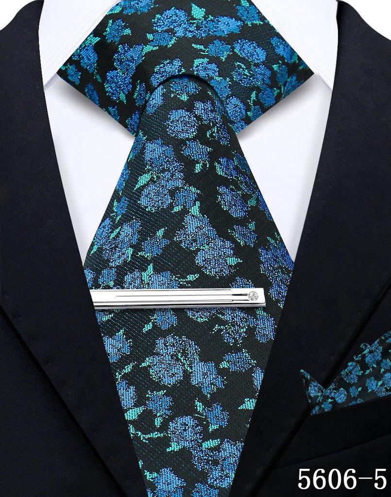 Men's Retro Floral Tie, Pocket Square & Tie Clip Set for Weddings
