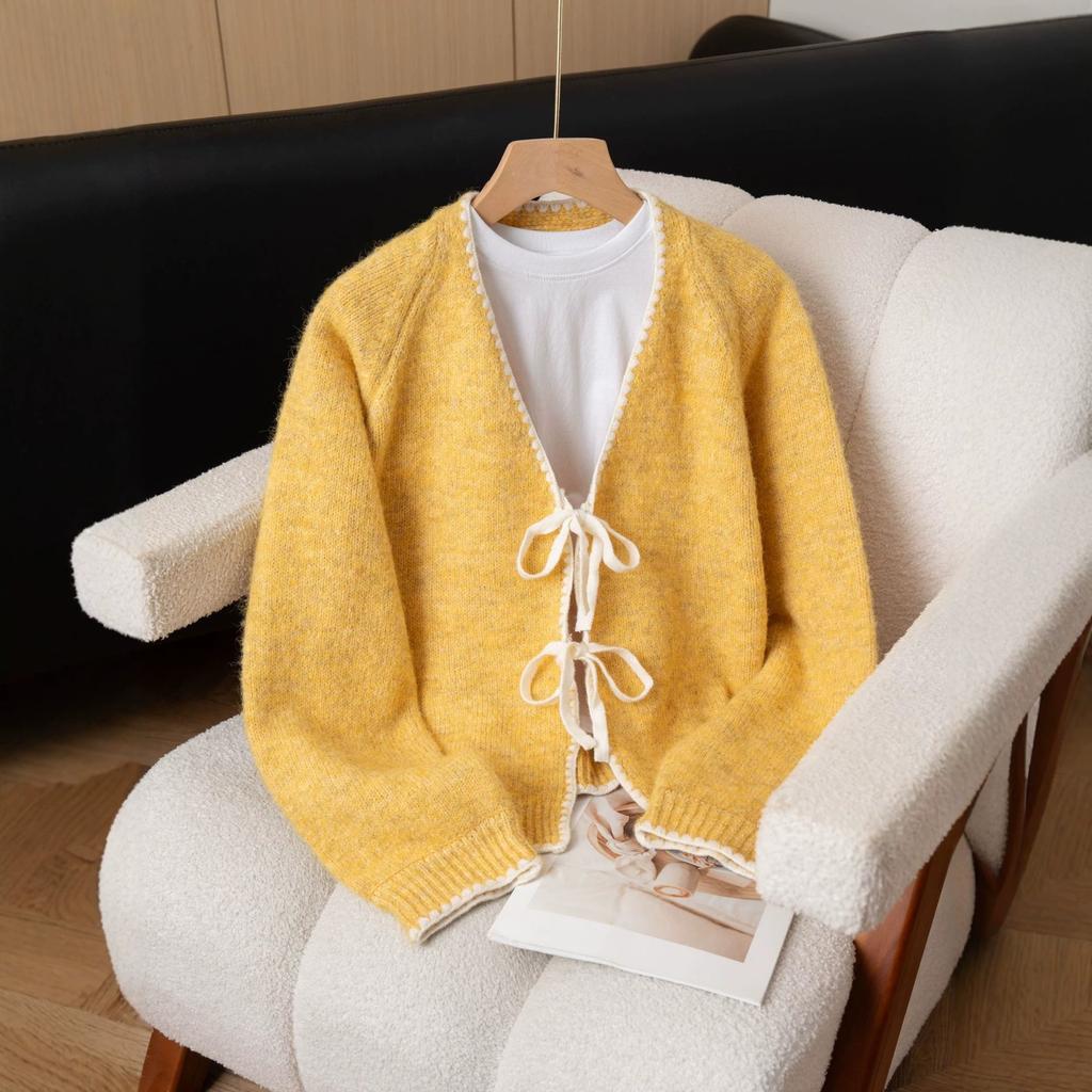 Autumn and Winter New Bow Tie Knitted Cardigan Women's Loose Wild Contrast Sweater Jacket