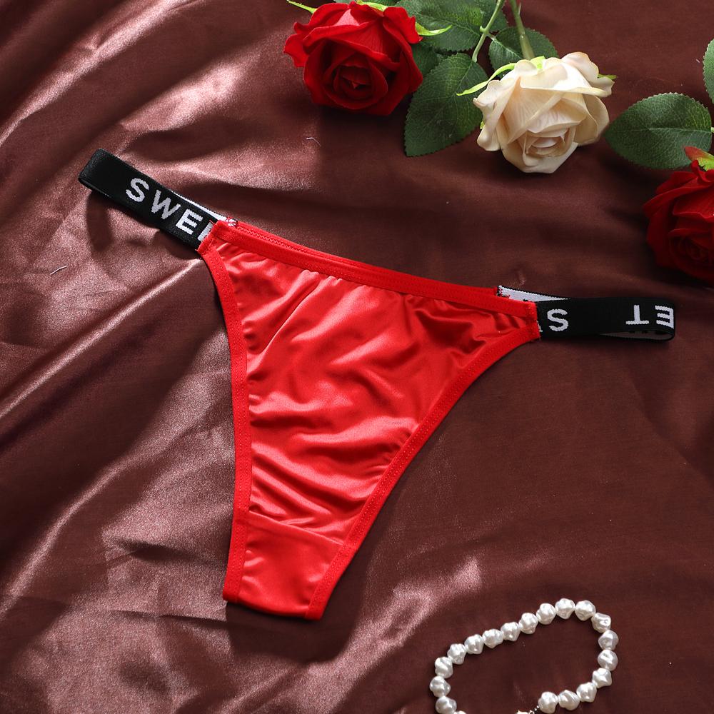 Sexy Tanga Feine Dessous Unterwäsche Glatter Satin-Riemen Höschen Buchstaben Bund Damen Atmungsaktive Unterhosen Super Bequem S rot