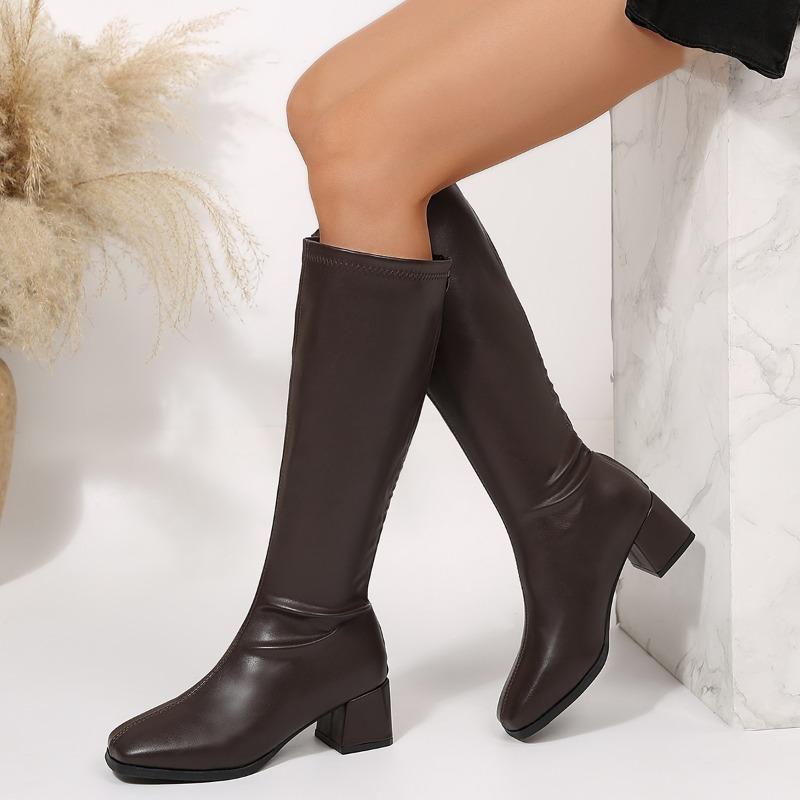 Winter Women Knee High top Cosy Soft Leather Thick Heel Female Retro Slim Long Booties De Muje for Adult Women