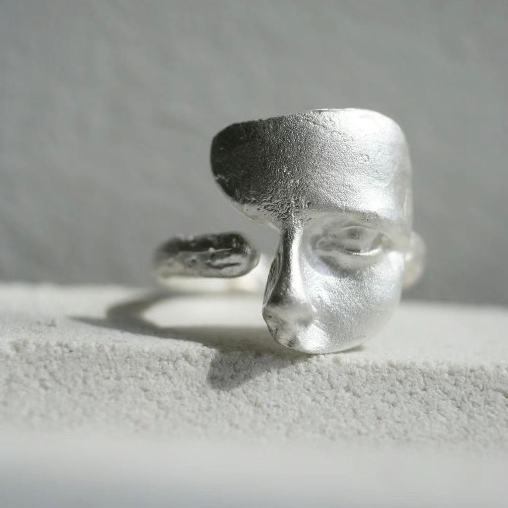 Burnt White Texture Mask Color Handmade Opening Ring Versatile Personality Mask Ring Matte Niche High-end Jewelry