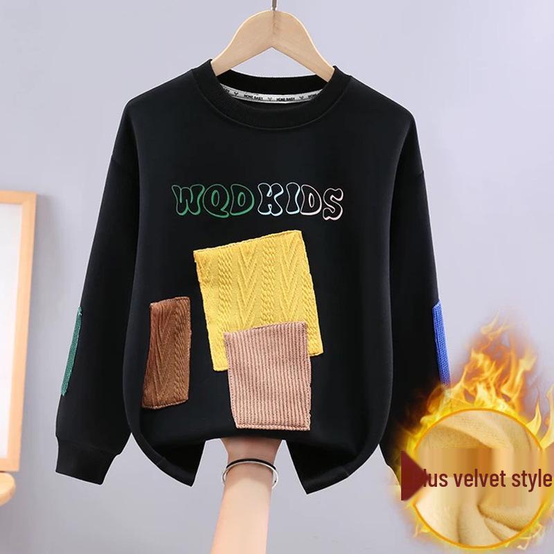 Retro Patchwork Fleecegefüttertes Sweatshirt für Jungen - Langärmeliges, verdicktes T-Shirt für Frühling und Herbst.