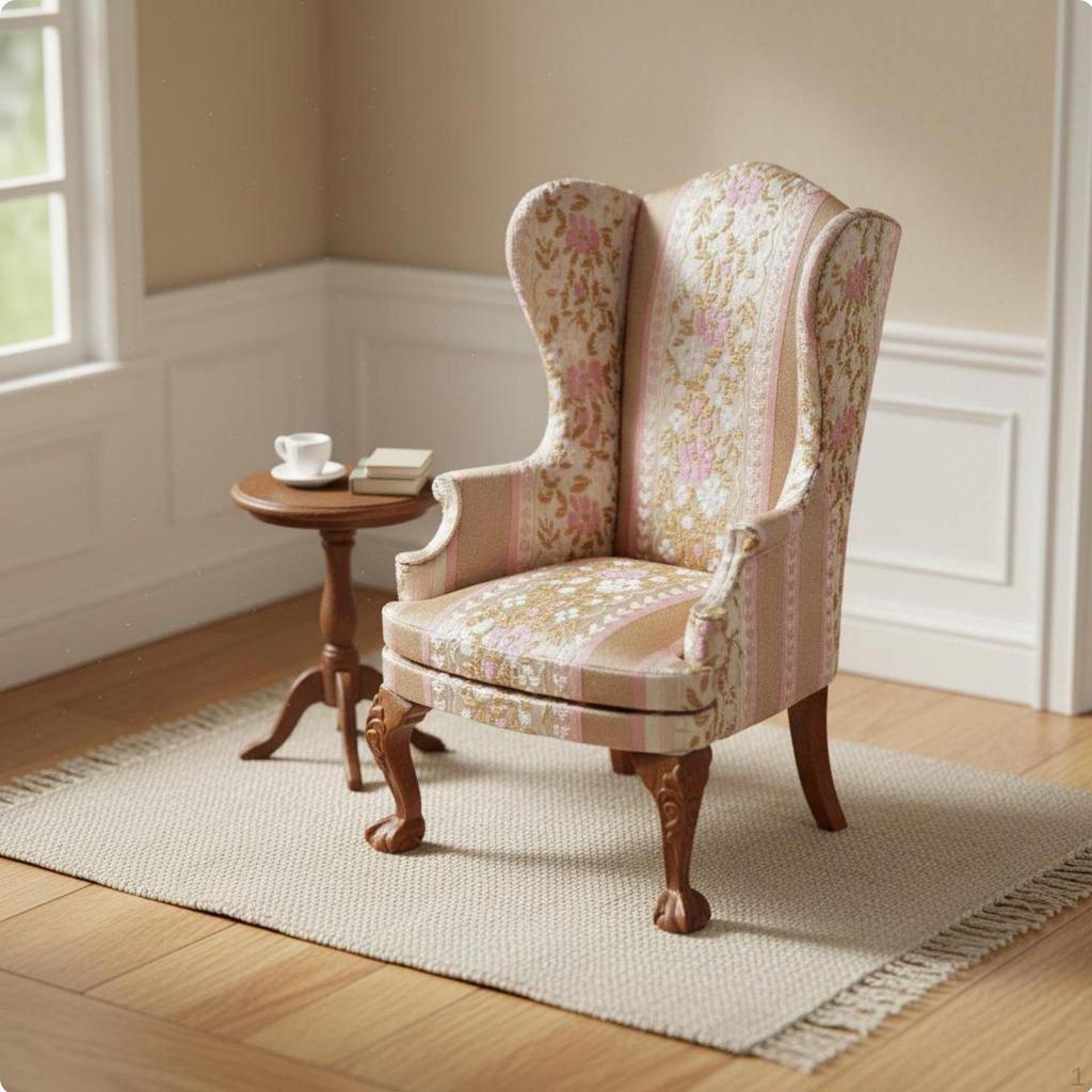 1:6 Scale Armchair Handmade Dollhouse Wingback Chair Detail Miniature Floral Textile for Diorama