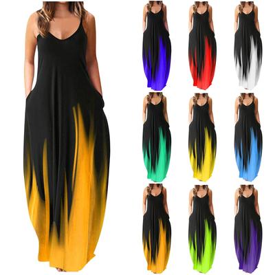 (Qunide) Kadın Casual Batik Baskı İpli Degrade Render Sling Uzun Elbise